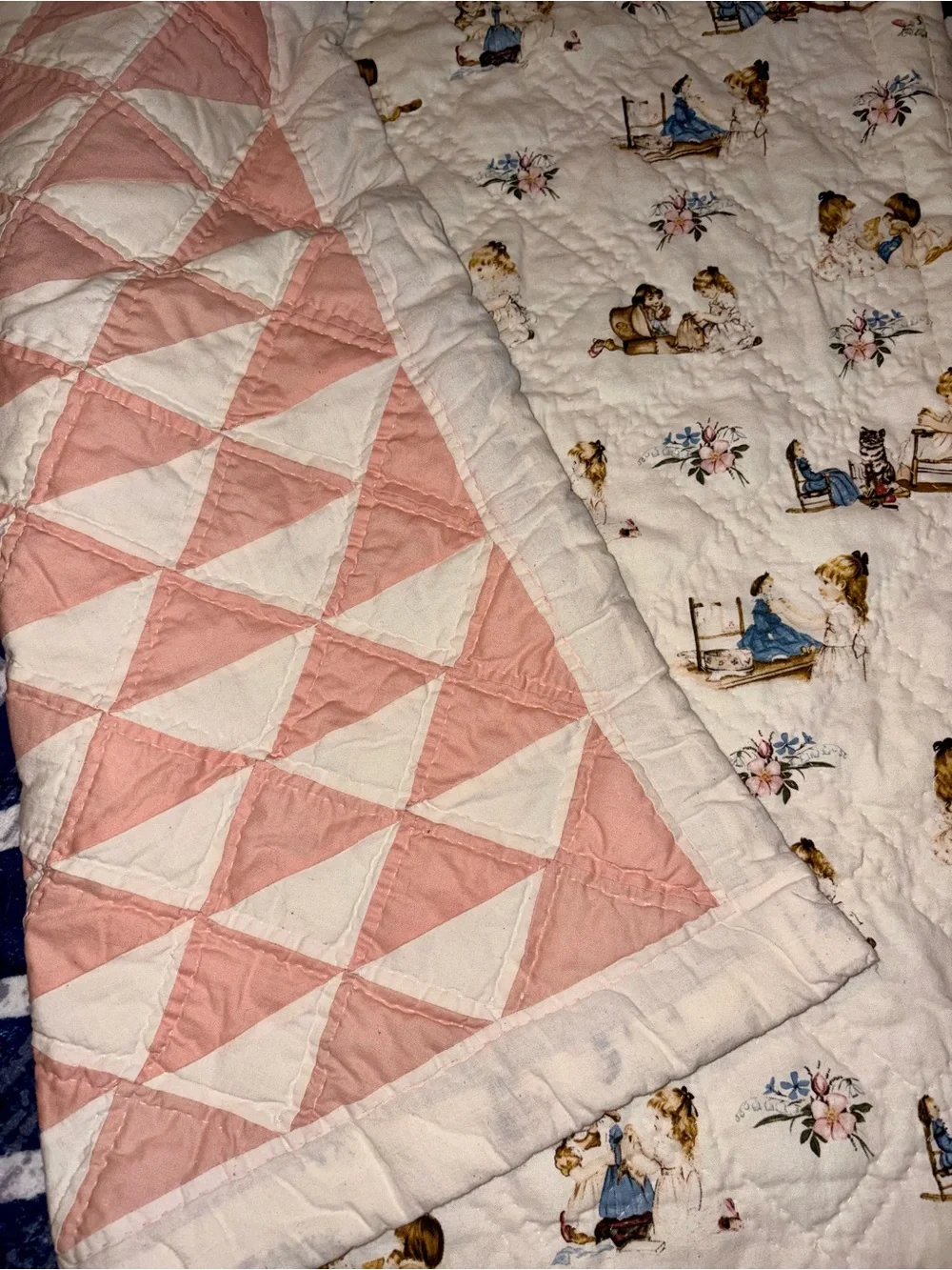 Cream Quilted Throw Blanket with Vintage Children Illustration